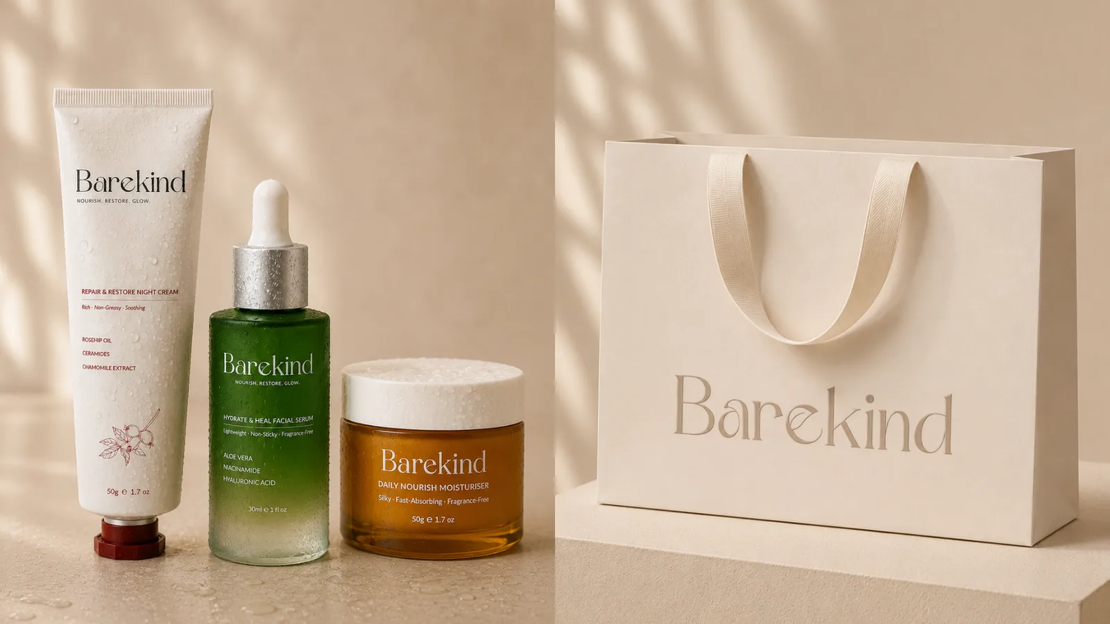 Brand identity and packaging for an ingredient-first skincare range.